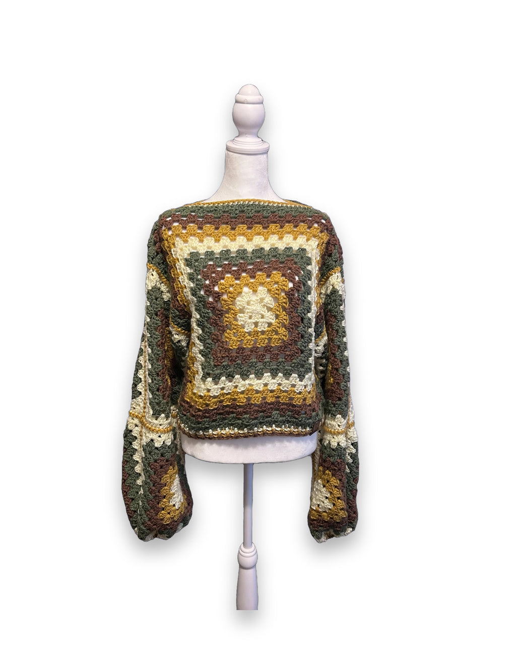 Granny Square Crochet Cardigan - Mustard / Sage / Brown / Cream